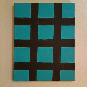 Geometric Black And Turquoise Grid Original Painting Signed Art Wall Decor 11x14